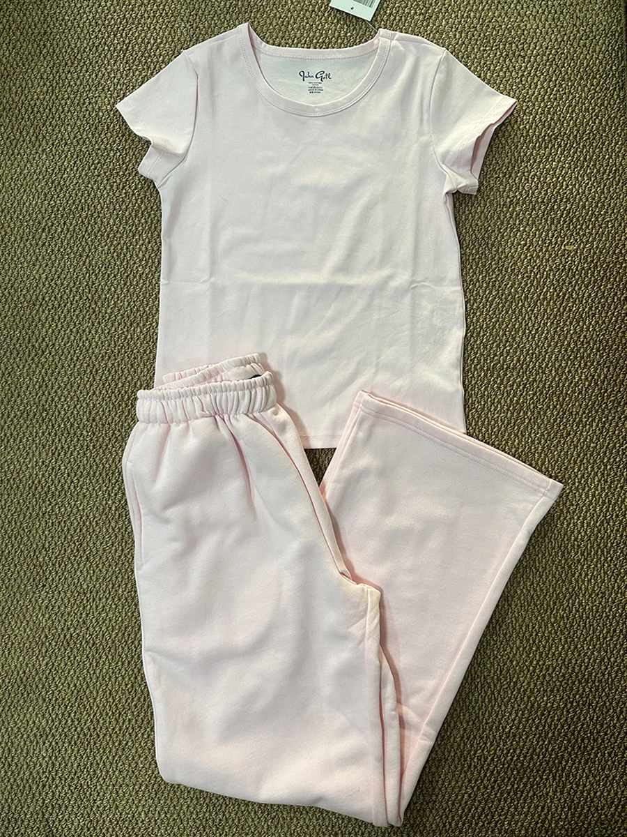 Pink Cotton T-shirt Pants Set Women Short Sleeve Slim Tees+Casual Straight Sweatpant Solid Vintage Sweet Home 2 Piece Sets New
Pink Cotton T-shirt Pants Set Women Short Sleeve Slim Tees+Casual Straight Sweatpant Solid Vintage Sweet Home 2 Piece Sets New