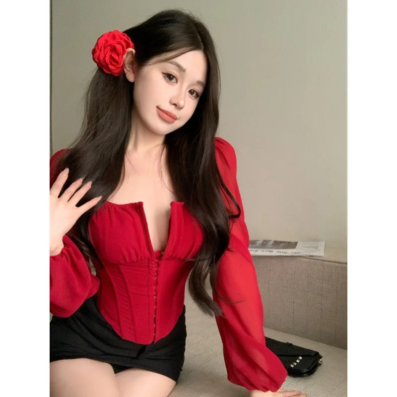 Women's Summer Sexy Vintage Square Neck Long Sleeve Slim Blouse Lady High Street Solid Color Sexy V Neck Chiffon Shirt
Women's Summer Sexy Vintage Square Neck Long Sleeve Slim Blouse Lady High Street Solid Color Sexy V Neck Chiffon Shirt