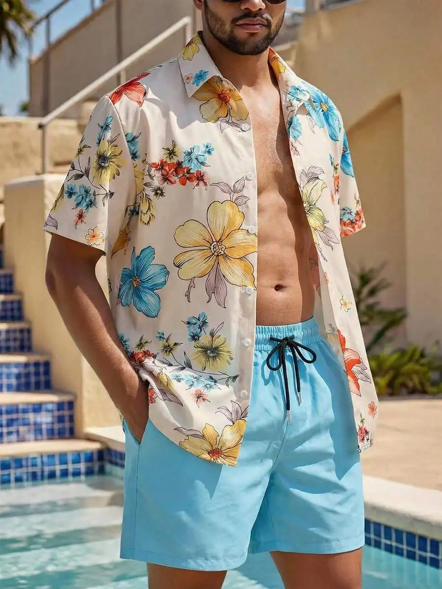Mens Floral Print Vacation Shirt And Swim Shorts Set
Mens Floral Print Vacation Shirt And Swim Shorts Set