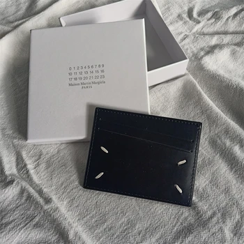 수제 4 코너 스티치 작은 카드 홀더 상단 레이어 암소 LeatherMM6 남성용 여성용 동전 지갑 자수 요소 합성 가죽 라이닝