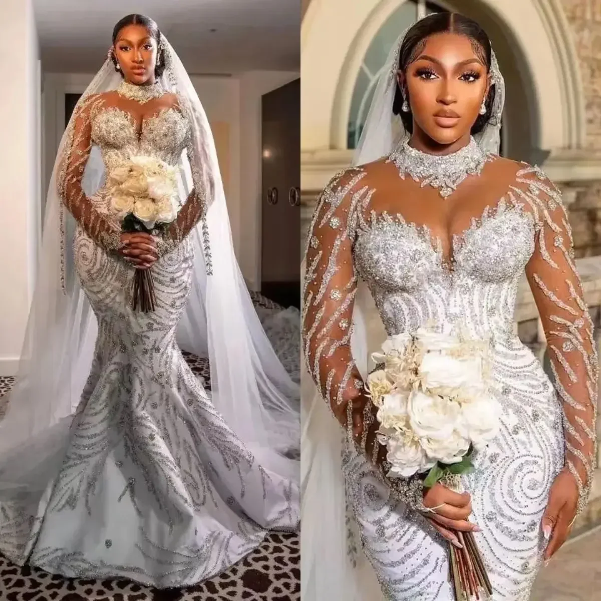 Customized Plus Size Mermaid Wedding For Black Girl Crystal Shine High Neck Long Sleeve Sweep Train Bridal Gowns Dress Vestido
Customized Plus Size Mermaid Wedding For Black Girl Crystal Shine High Neck Long Sleeve Sweep Train Bridal Gowns Dress Vestido