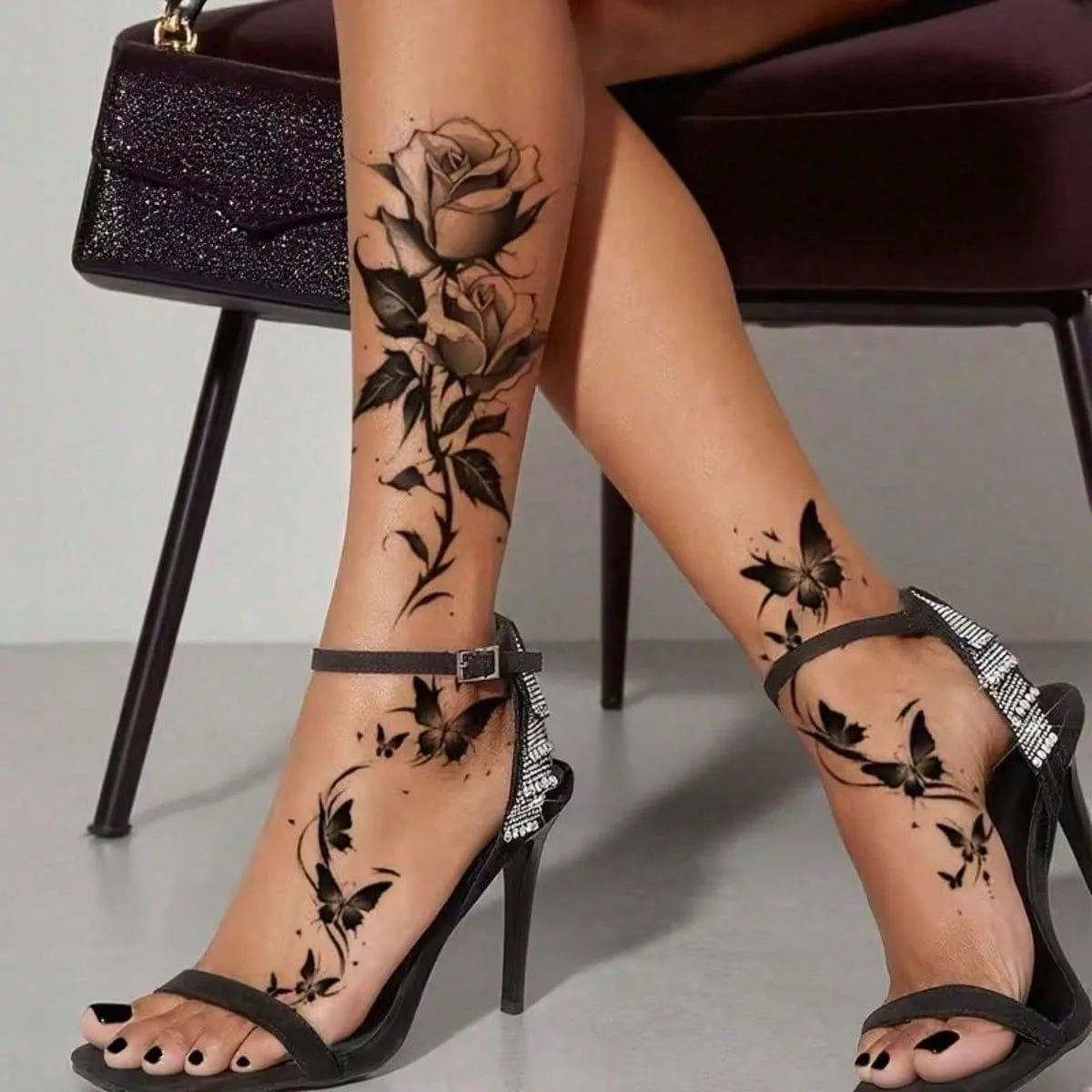 2-piece set of black floral and butterfly temporary tattoos for women - waterproof, long-lasting fake tattoos suitable for arms, legs, and chest, with butterfly and rose designs, durable tattoo | Artistic tattoo design
2-piece set of black floral and butterfly temporary tattoos for women - waterproof, long-lasting fake tattoos suitable for arms, legs, and chest, with butterfly and rose designs, durable tattoo | Artistic tattoo design