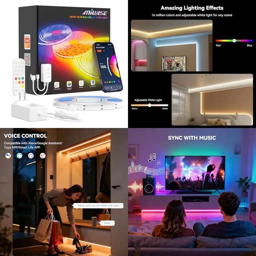 RGB COB LED Strip Light, Color Changing LED Strip Lights Compatible with Alexa/Google, 24V Music Sync Bright Flexible LED Tape
RGB COB LED Strip Light, Color Changing LED Strip Lights Compatible with Alexa/Google, 24V Music Sync Bright Flexible LED Tape