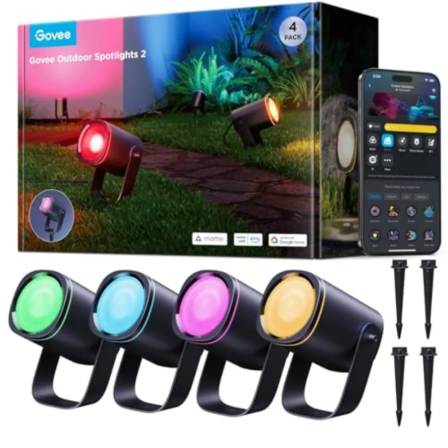 Outdoor Spot Lights 2, IP67 Waterproof Spotlights, Landscape Lights Work with Matter, Alexa, and Google Assistant, RGBWIC Color
Outdoor Spot Lights 2, IP67 Waterproof Spotlights, Landscape Lights Work with Matter, Alexa, and Google Assistant, RGBWIC Color