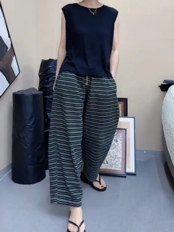 Retro Striped Wide Leg Pants Women's plus Size Loose Fit High Waist Slimming Casual Straight Cut Trousers Summer Fashion
Retro Striped Wide Leg Pants Women's plus Size Loose Fit High Waist Slimming Casual Straight Cut Trousers Summer Fashion