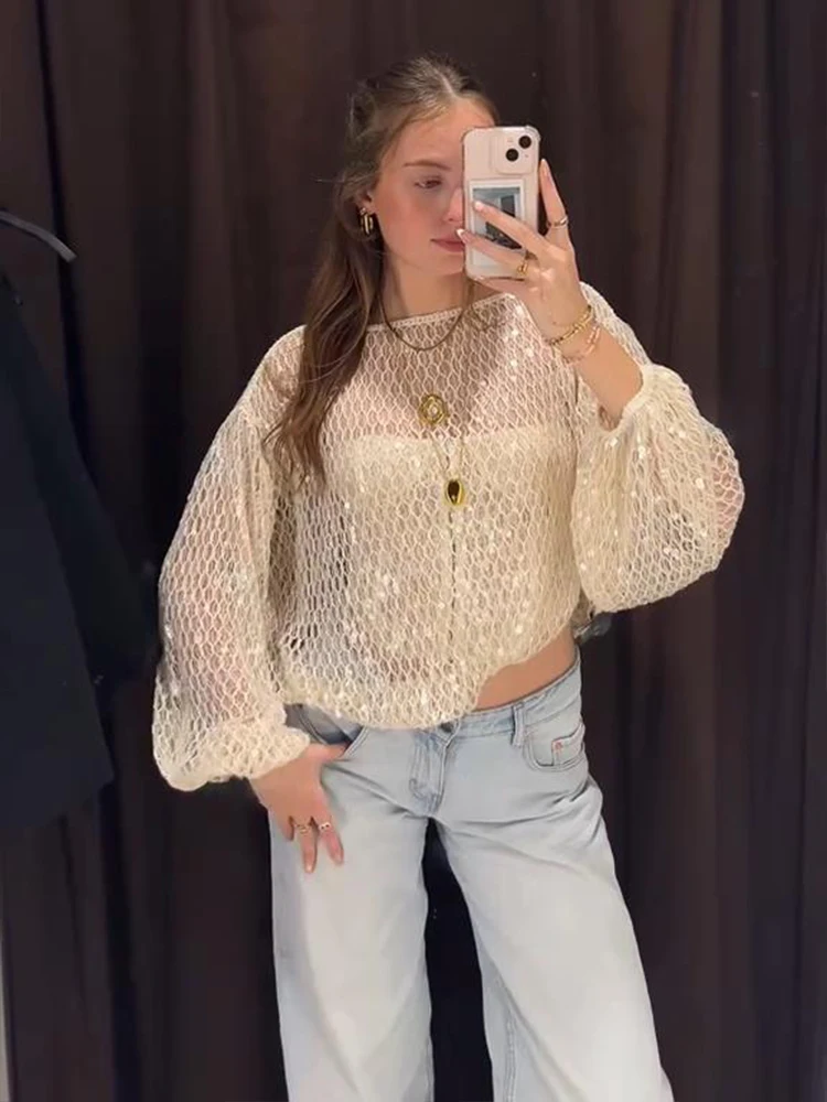 Sequins Hollow Out Pullovers Women Casual Loose Round Neck Full Sleeve Female Crop Tops Spring Summer See Through Lady Outerwear
Sequins Hollow Out Pullovers Women Casual Loose Round Neck Full Sleeve Female Crop Tops Spring Summer See Through Lady Outerwear