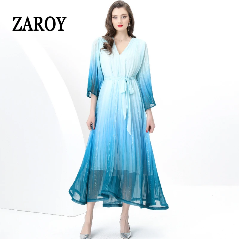 ZAROY Gradient Color Pleated Women Dresses Flare Sleeve V Neck Belt Lace Up Chiffon Ruffles Long Dress Elegant Party Vestidos
ZAROY Gradient Color Pleated Women Dresses Flare Sleeve V Neck Belt Lace Up Chiffon Ruffles Long Dress Elegant Party Vestidos