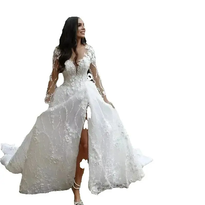 Customized Sheer Neck 3D Floral Lace Appliques Bridal Gowns African Vestidos De Noiva Long Sleeves High Split Wedding Dress
Customized Sheer Neck 3D Floral Lace Appliques Bridal Gowns African Vestidos De Noiva Long Sleeves High Split Wedding Dress