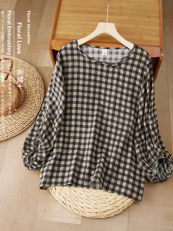 Retro Japanese Style Large Size Loose Cotton Shirt Women's Lantern Sleeve Checkered Top Comfortable Breathable Daily Wear
Retro Japanese Style Large Size Loose Cotton Shirt Women's Lantern Sleeve Checkered Top Comfortable Breathable Daily Wear