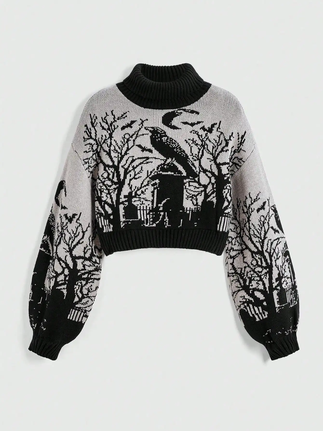 Gothic High Neck Cropped Sweater with Crow, Moon & Bat Jacquard Print, Lantern Sleeve for Halloween
Gothic High Neck Cropped Sweater with Crow, Moon & Bat Jacquard Print, Lantern Sleeve for Halloween