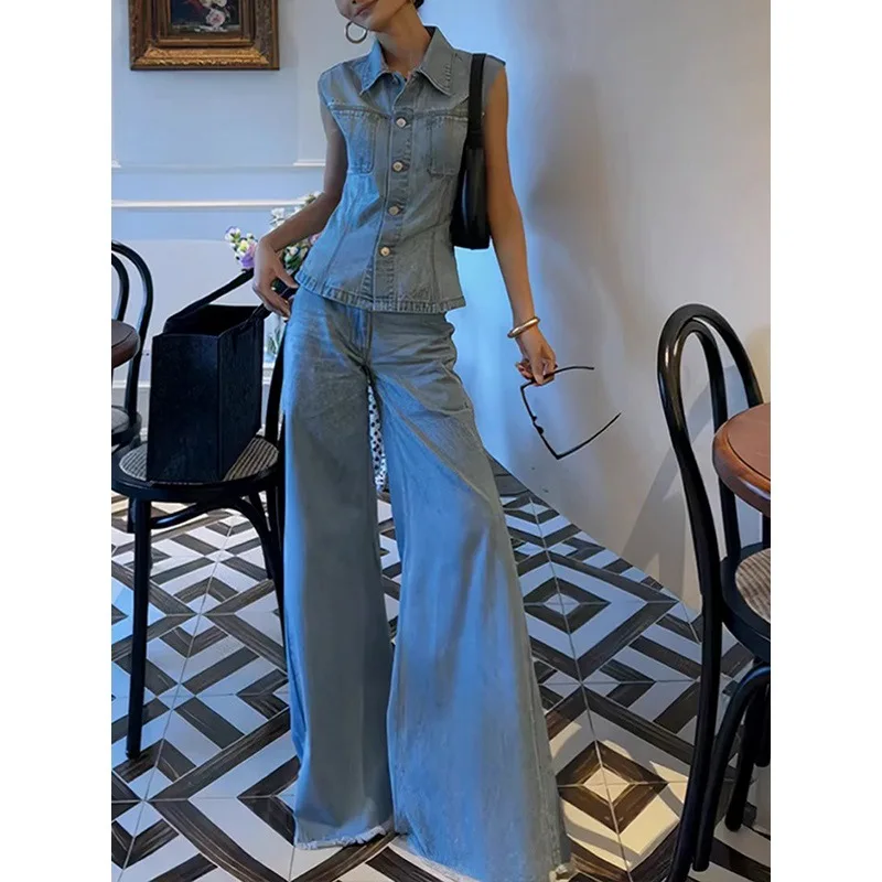 Pant Set Women Denim Two Piece Sets Turn Down Collar Sleeveless Tops Wide Leg Long Pants High Street Washed Work 2026 Summer
Pant Set Women Denim Two Piece Sets Turn Down Collar Sleeveless Tops Wide Leg Long Pants High Street Washed Work 2026 Summer