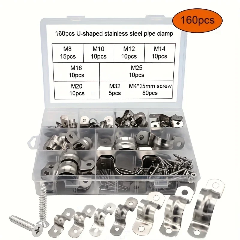160PCS Stainless Steel Clamps U-Shaped Pipe Clamps Set Metal U-Clips Hose Bracket with Screws Clamp Kit for Plumbing Tube M8-M32
160PCS Stainless Steel Clamps U-Shaped Pipe Clamps Set Metal U-Clips Hose Bracket with Screws Clamp Kit for Plumbing Tube M8-M32