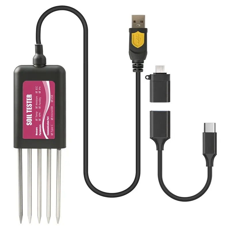 HRBAJ-USB Soil Sensor For Farming Gardening Fertility Tester PH EC Moisture N P K Temperature Real-Time Data Via Mobile App
HRBAJ-USB Soil Sensor For Farming Gardening Fertility Tester PH EC Moisture N P K Temperature Real-Time Data Via Mobile App
