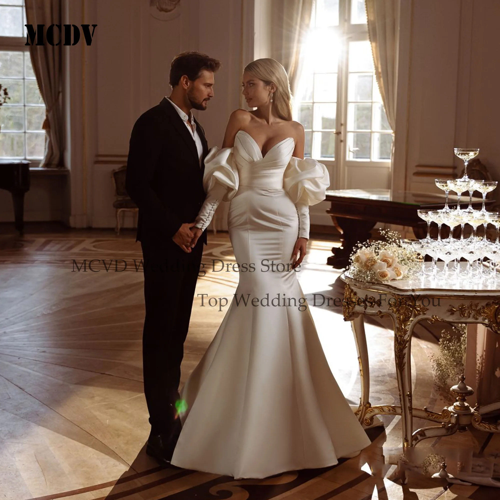 MCDV Mermaid Luxury Wedding Dress Foe Women Puff Sleeve Strapless Sweep Train Bride Satin Pleat Bridal Party Gowns Customized
MCDV Mermaid Luxury Wedding Dress Foe Women Puff Sleeve Strapless Sweep Train Bride Satin Pleat Bridal Party Gowns Customized