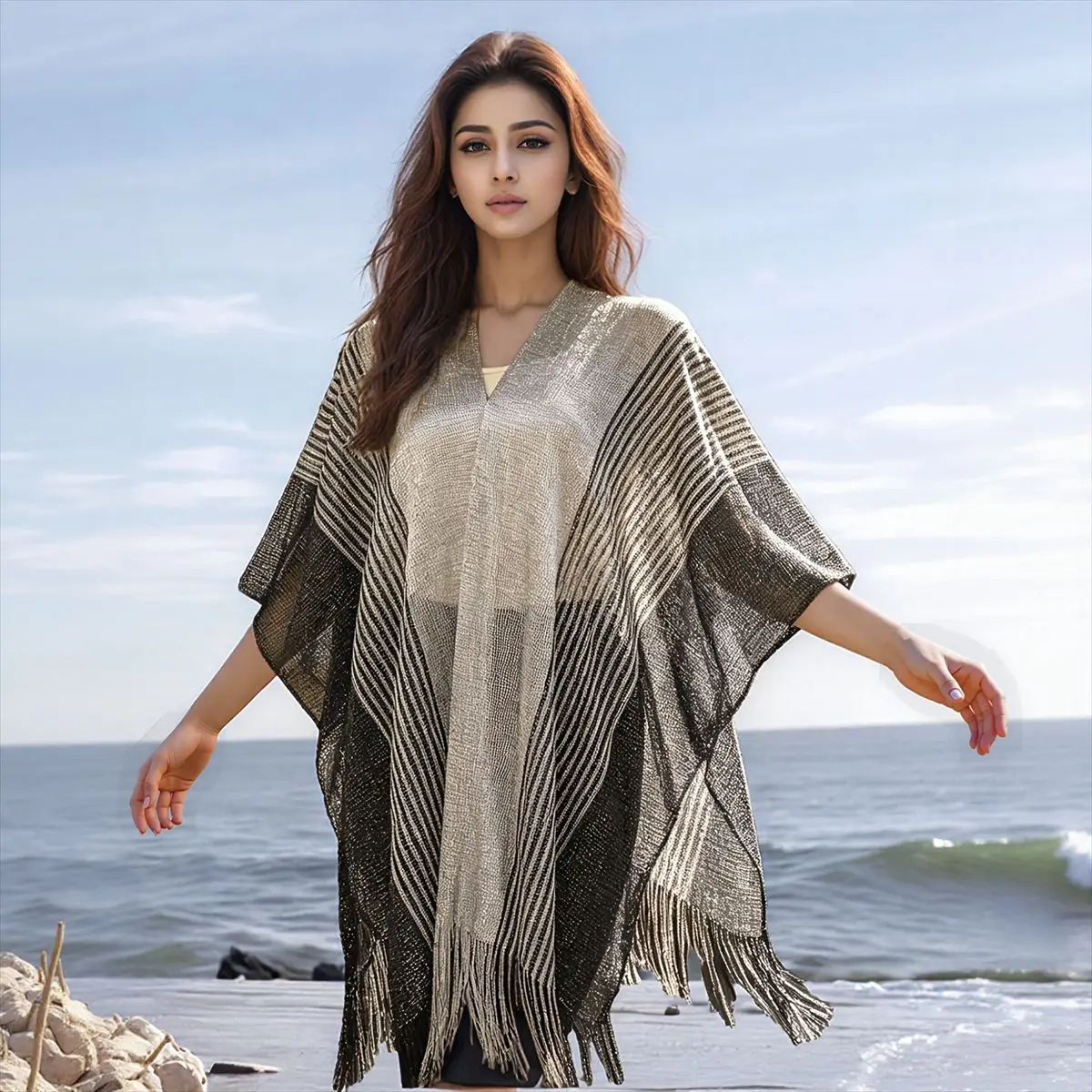 Women's Poncho shawl gold and silver ribbon sleeves split cape vacation bikini cover sun protection clothing summer P1
Women's Poncho shawl gold and silver ribbon sleeves split cape vacation bikini cover sun protection clothing summer P1