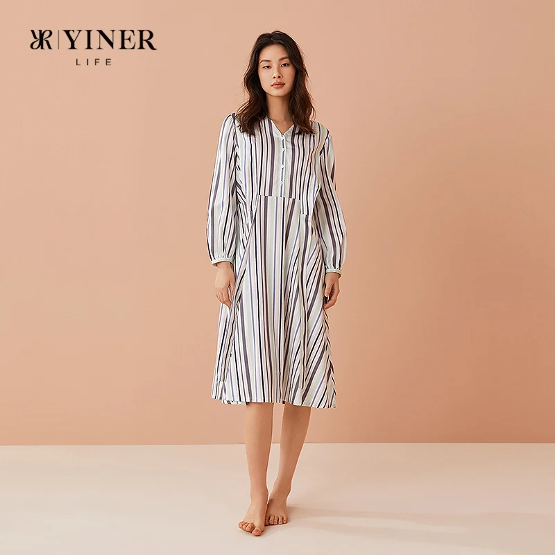 V-neck vertical striped shirt-style pure cotton nightgown for women, summer loose loungewear, 100% cotton pajamas
V-neck vertical striped shirt-style pure cotton nightgown for women, summer loose loungewear, 100% cotton pajamas