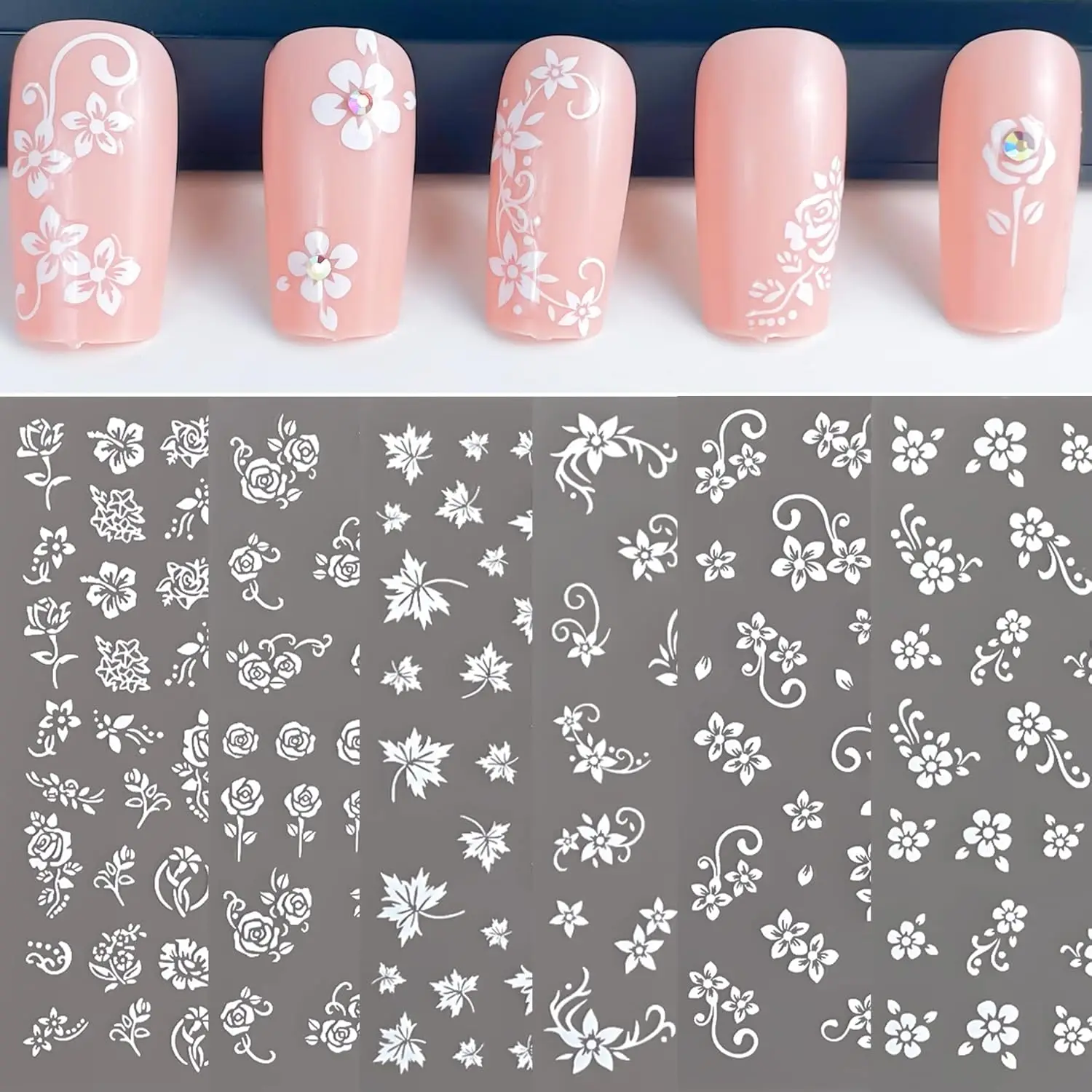 White Flower Nail Art Decal Stickers - 6 Sheets, Self-Adhesive, for Acrylic Nails
White Flower Nail Art Decal Stickers - 6 Sheets, Self-Adhesive, for Acrylic Nails