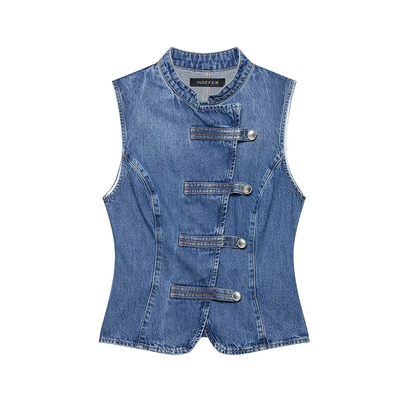 YENKYE Women's Retro Blue Denim Sleeveless Vest Round Neck Asymmetric Placket Button Fitted Waistcoat Summer Tops
YENKYE Women's Retro Blue Denim Sleeveless Vest Round Neck Asymmetric Placket Button Fitted Waistcoat Summer Tops