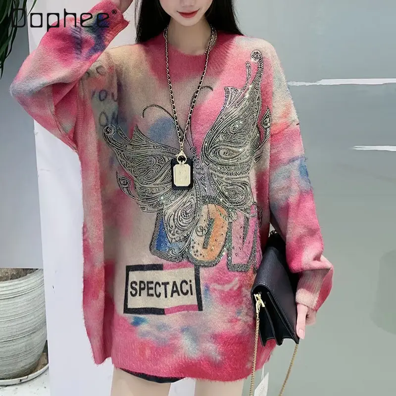 European Women's Rhinestone Butterfly Print Mink Sweater 2023 Winter New Loose Round Neck Long-Sleeved Thickened Knitted Tops
European Women's Rhinestone Butterfly Print Mink Sweater 2023 Winter New Loose Round Neck Long-Sleeved Thickened Knitted Tops