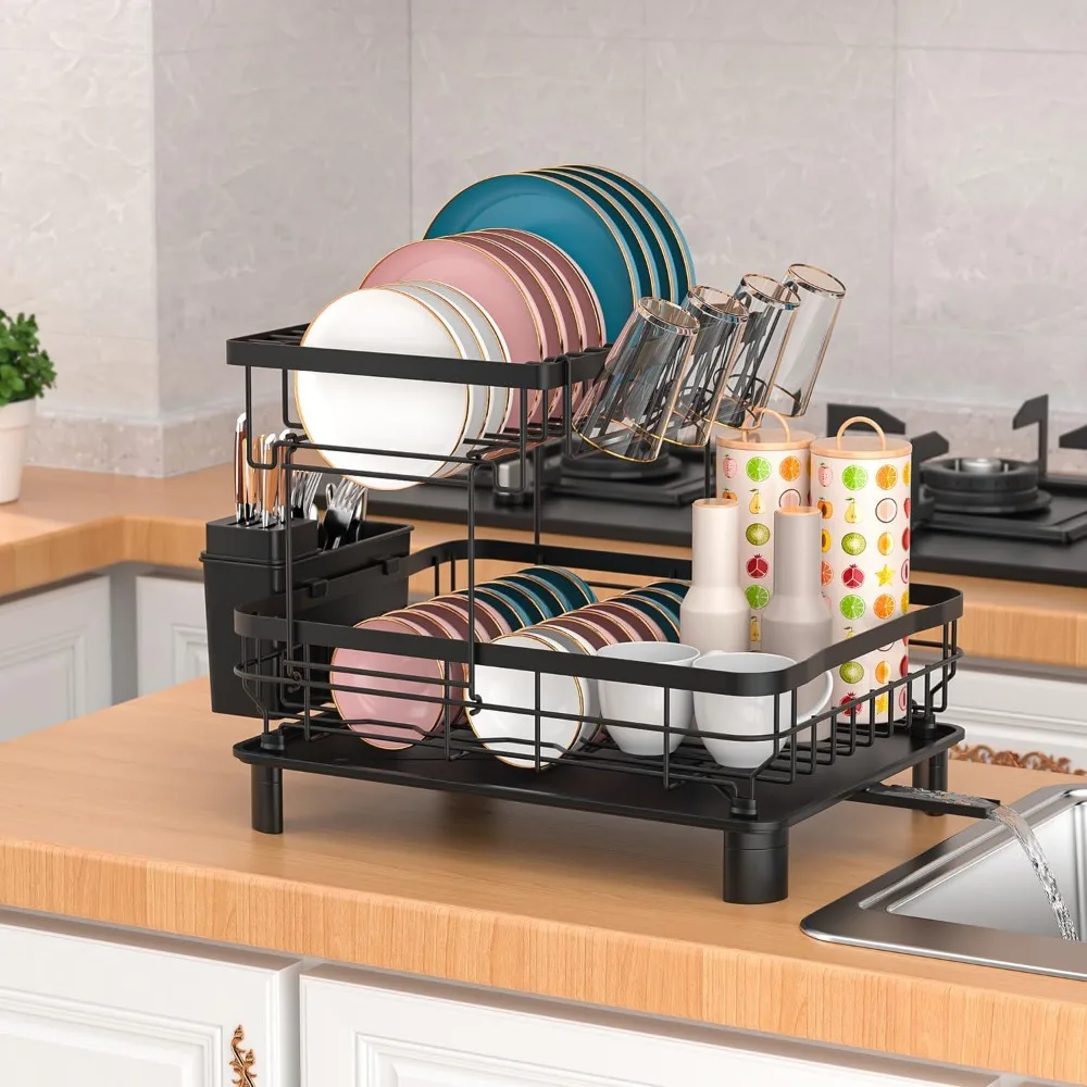 2 Tier Dish Drainer with Drip Tray Utensil Holder Rotating Spout Black Kitchen Countertop Rack
2 Tier Dish Drainer with Drip Tray Utensil Holder Rotating Spout Black Kitchen Countertop Rack