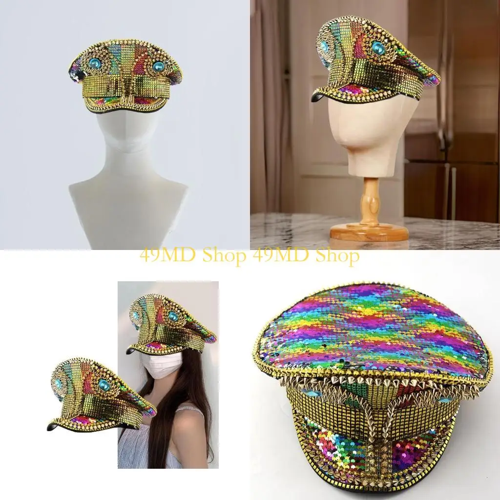 49MD Rainbow Studded Captain Hat Jewel Rivet Navies Hat Adjustable Fashion Hat
49MD Rainbow Studded Captain Hat Jewel Rivet Navies Hat Adjustable Fashion Hat