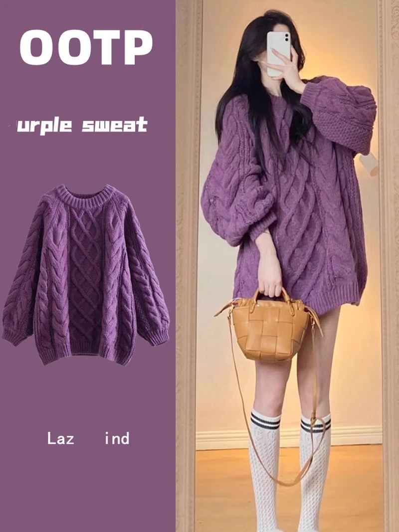 Autumn Winter Women's round Ne Knitted Sweater Purple Outerwear Sweet Sle Lazy Top Warm Thiened Long Sve Loose Fit
Autumn Winter Women's round Ne Knitted Sweater Purple Outerwear Sweet Sle Lazy Top Warm Thiened Long Sve Loose Fit