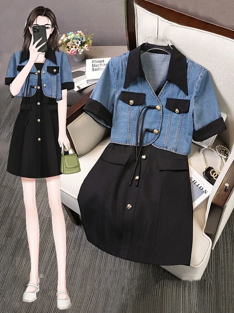 plus Size Denim Jacket And Halter Dress Set Women's Summer Fashion Short Sleeve Slimming Dress Two Piece Set Korean Style Pol...
plus Size Denim Jacket And Halter Dress Set Women's Summer Fashion Short Sleeve Slimming Dress Two Piece Set Korean Style Pol...