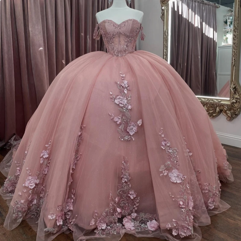 Pink Quinceanera Dresses Ball Gown Off The Shoulder Applique Flower Beading Crystal Bow Tull Sweet 16 Dress Vestidos 15 De Anos
Pink Quinceanera Dresses Ball Gown Off The Shoulder Applique Flower Beading Crystal Bow Tull Sweet 16 Dress Vestidos 15 De Anos
