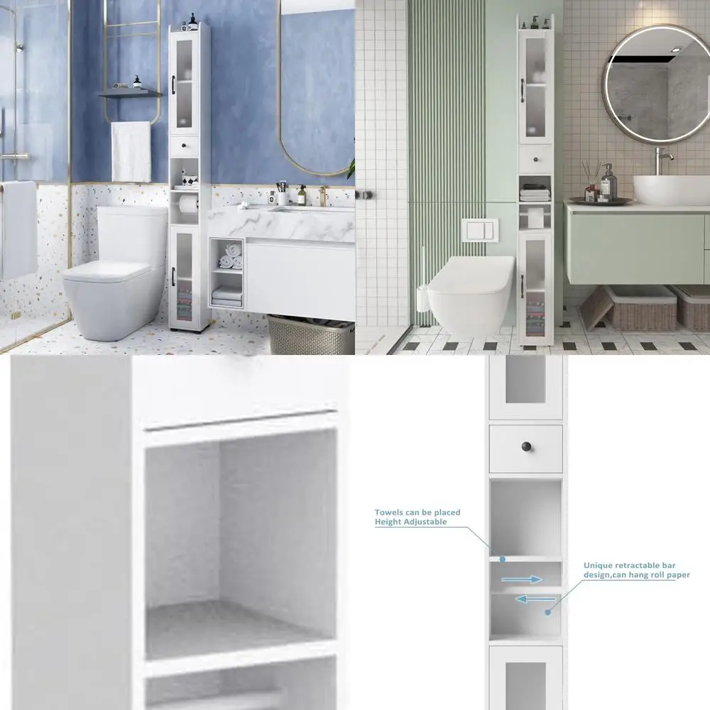 White Slim Tall Bathroom Storage Cabinet with 2 Frosted Glass Doors and Adjustable Shelves for Small Spaces
White Slim Tall Bathroom Storage Cabinet with 2 Frosted Glass Doors and Adjustable Shelves for Small Spaces