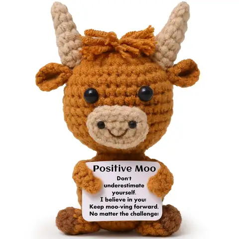 Mini Funny Positive Highland Cow Knitted Wool Cow Toy with Positive Card Creative Cute Crochet Doll Emotional Support Cheer Up