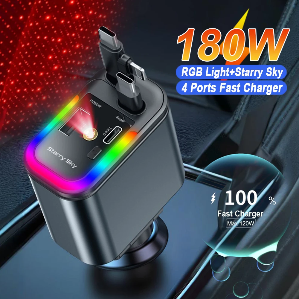 180W 5 In 1 Retractable Car Phone Charger RGB Starry Sky Light for PD/QC3.0/SCP/VOOC/FlashCharge/AFC/FlashCharge Protocols Phone 
180W 5 In 1 Retractable Car Phone Charger RGB Starry Sky Light for PD/QC3.0/SCP/VOOC/FlashCharge/AFC/FlashCharge Protocols Phone