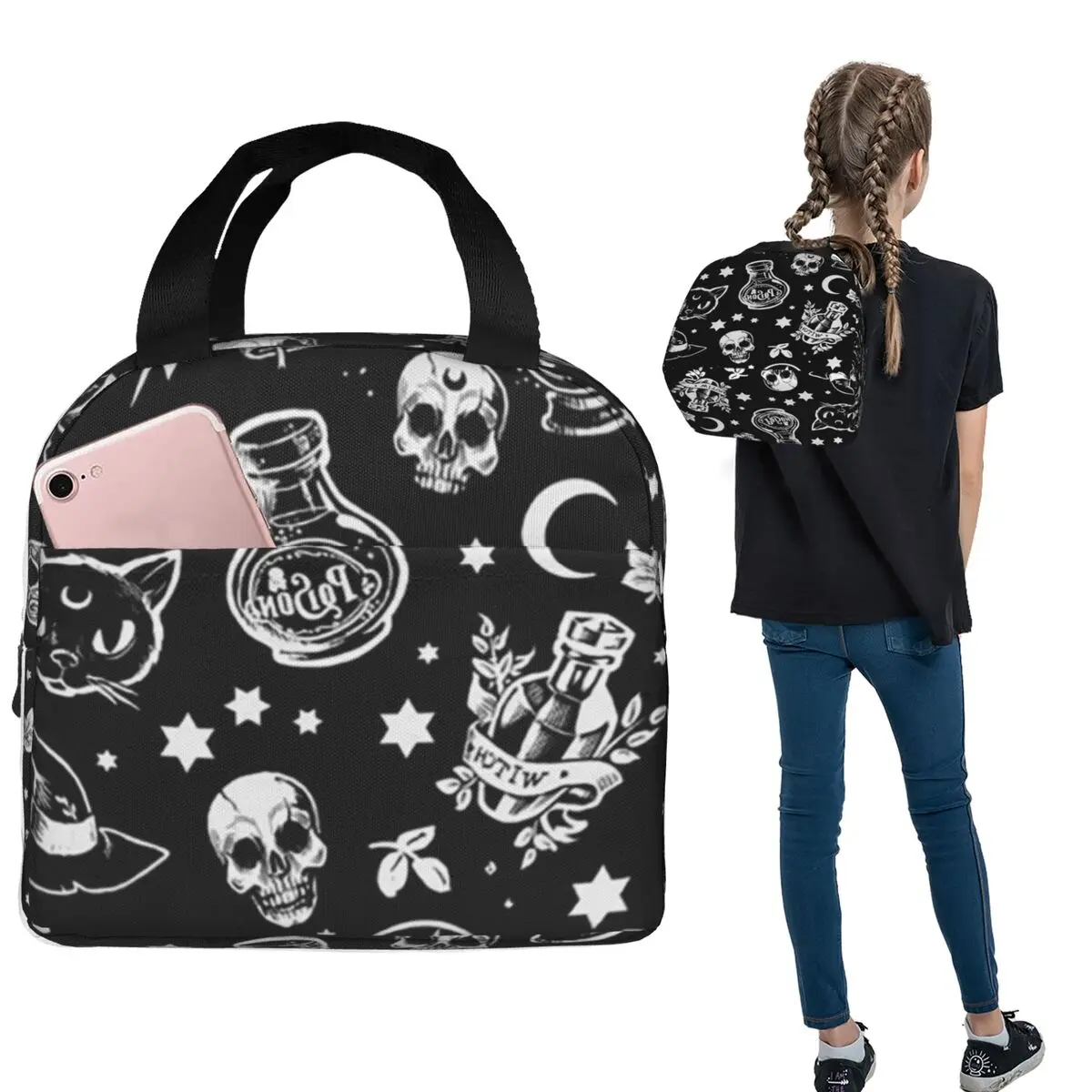 Black Witch Skull Moon Divination Lunch Bags Insulated Bento Box Portable Lunch Tote Leakproof Cooler Thermal Bag for Woman
Black Witch Skull Moon Divination Lunch Bags Insulated Bento Box Portable Lunch Tote Leakproof Cooler Thermal Bag for Woman