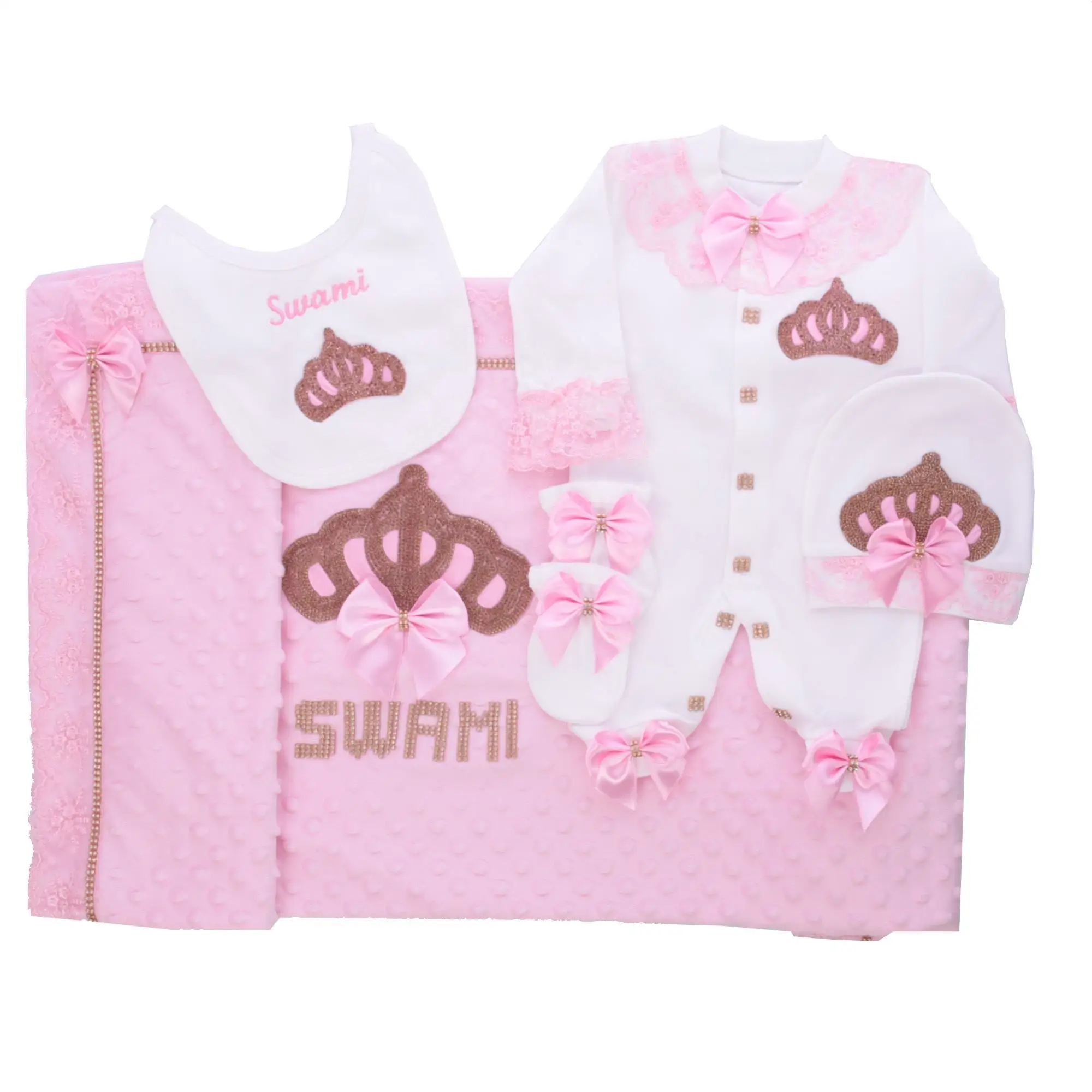 Newborn Baby Girl Coming Home Outfit 5 Piece Lace Crown Embroidery Romper Set Soft Pink
Newborn Baby Girl Coming Home Outfit 5 Piece Lace Crown Embroidery Romper Set Soft Pink
