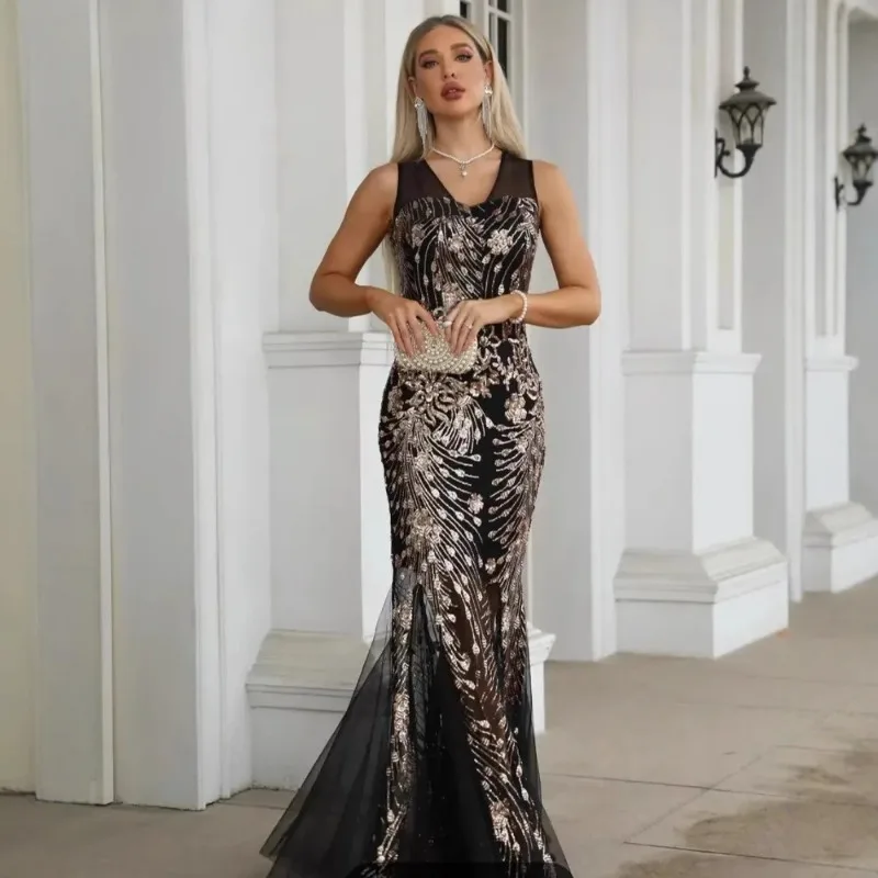 Fashionable and Elegant U-neck Sleeveless Slim Fit Fishtail Evening Dresses with Mesh Sequins and Bead Embroidery for Banquets 
Fashionable and Elegant U-neck Sleeveless Slim Fit Fishtail Evening Dresses with Mesh Sequins and Bead Embroidery for Banquets