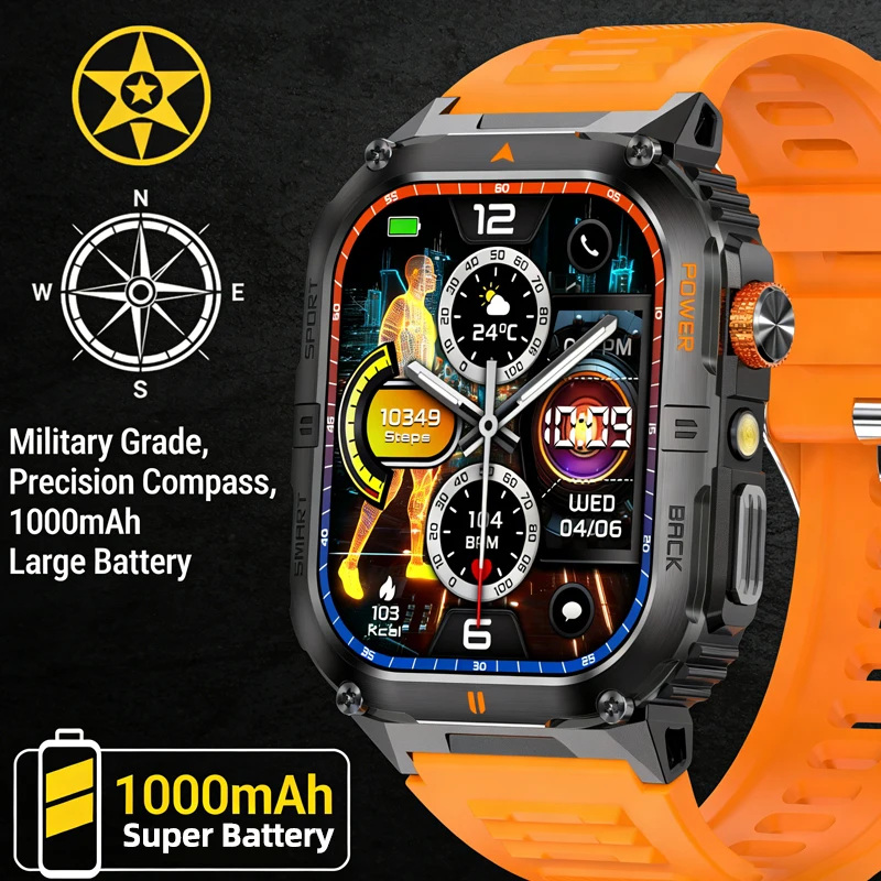 NAMOFOTO New Smartwatch 1000mAh Battery LED Flashlight Compass Dials Bluetooth Call Phone Music Multi-functions Smart Watch