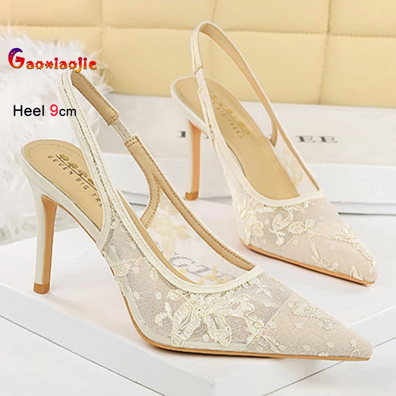 Spring Autumn Beige Lace Women's Shoes Head Cover Thin Heels 9cm Pointed Hollow Out Back Elastic Band Ladies Pumps Party ShoesHZ
Spring Autumn Beige Lace Women's Shoes Head Cover Thin Heels 9cm Pointed Hollow Out Back Elastic Band Ladies Pumps Party ShoesHZ