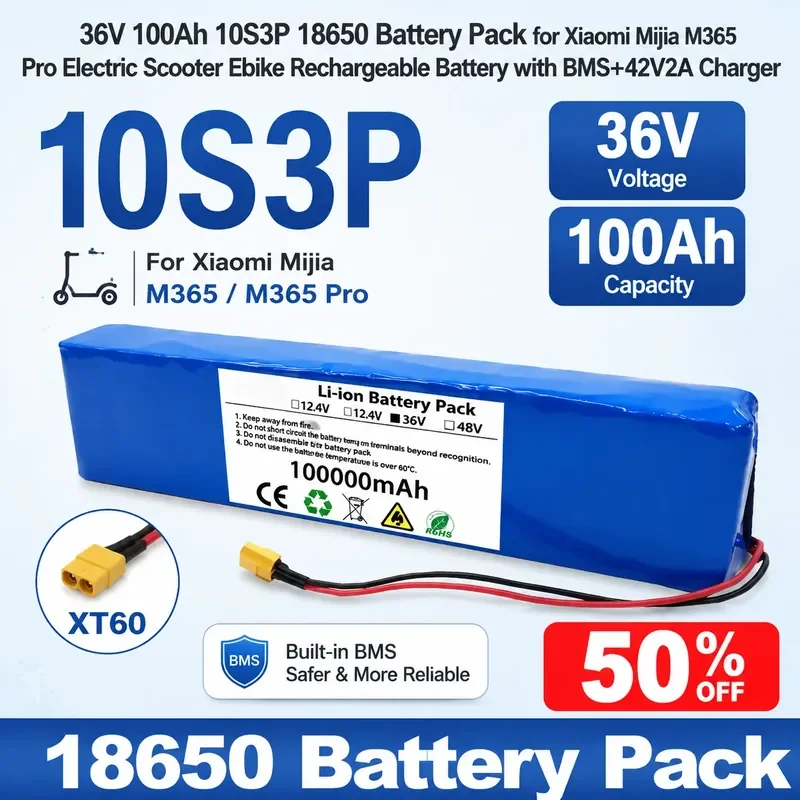 36V 100Ah 10S3P 18650 Battery Pack for Xiaomi Mijia M365 Pro Electric Scooter Ebike Rechargeable Battery with BMS+42V2A Charger
36V 100Ah 10S3P 18650 Battery Pack for Xiaomi Mijia M365 Pro Electric Scooter Ebike Rechargeable Battery with BMS+42V2A Charger