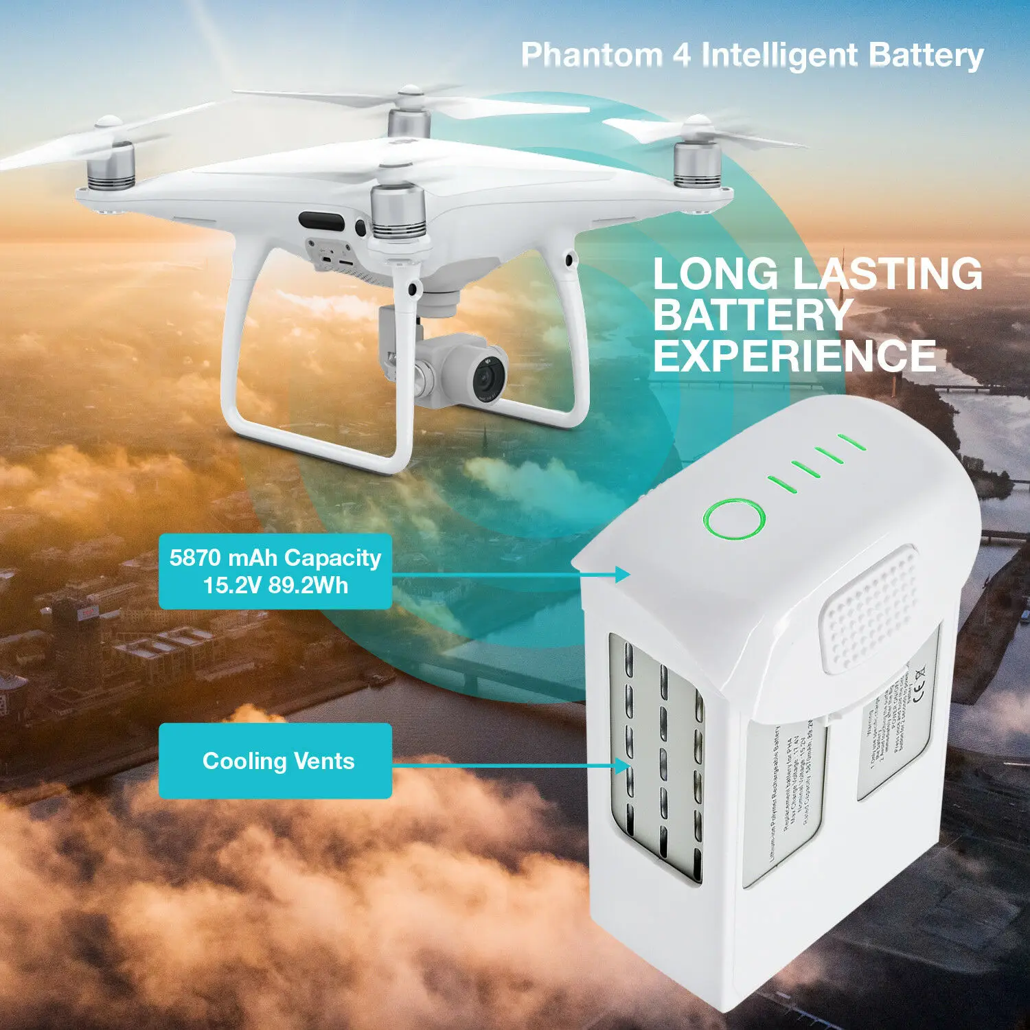 New Generation 15.2V 5870mAh LiPo Intelligent Flight Battery Replacement for DJI Phantom 4, Phantom 4 Pro, Phantom 4 Pro Plus
New Generation 15.2V 5870mAh LiPo Intelligent Flight Battery Replacement for DJI Phantom 4, Phantom 4 Pro, Phantom 4 Pro Plus