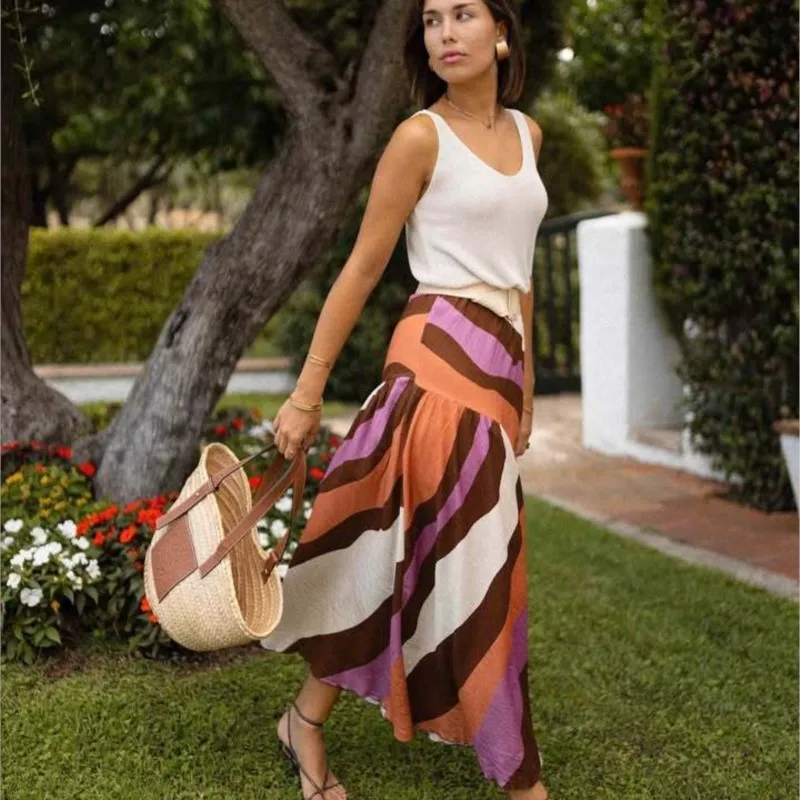 Women's Color Striped Print Vacation Skirt All Seasons Can Be Matched High Waist A-line Big Swing Splic Beach Long Skirts Robe
Women's Color Striped Print Vacation Skirt All Seasons Can Be Matched High Waist A-line Big Swing Splic Beach Long Skirts Robe
