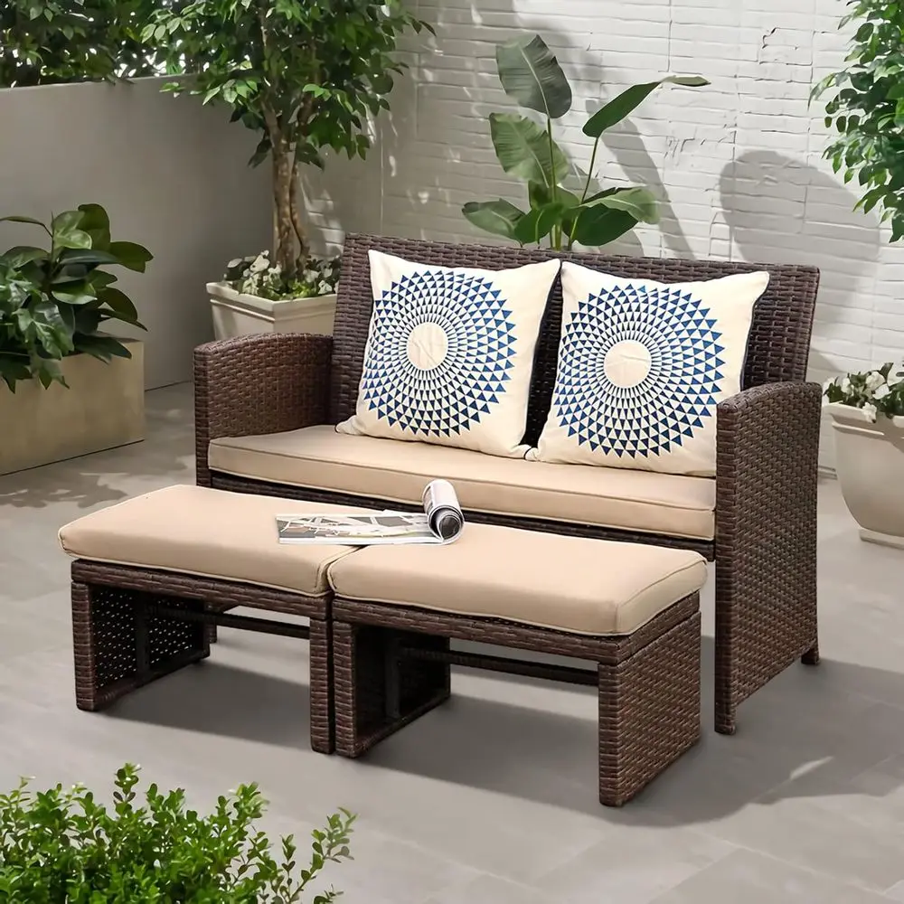 All-Weather Wicker 3-Piece Patio Furniture Set: Loveseat with Ottoman and Side Table, Brown Rattan, Beige
All-Weather Wicker 3-Piece Patio Furniture Set: Loveseat with Ottoman and Side Table, Brown Rattan, Beige