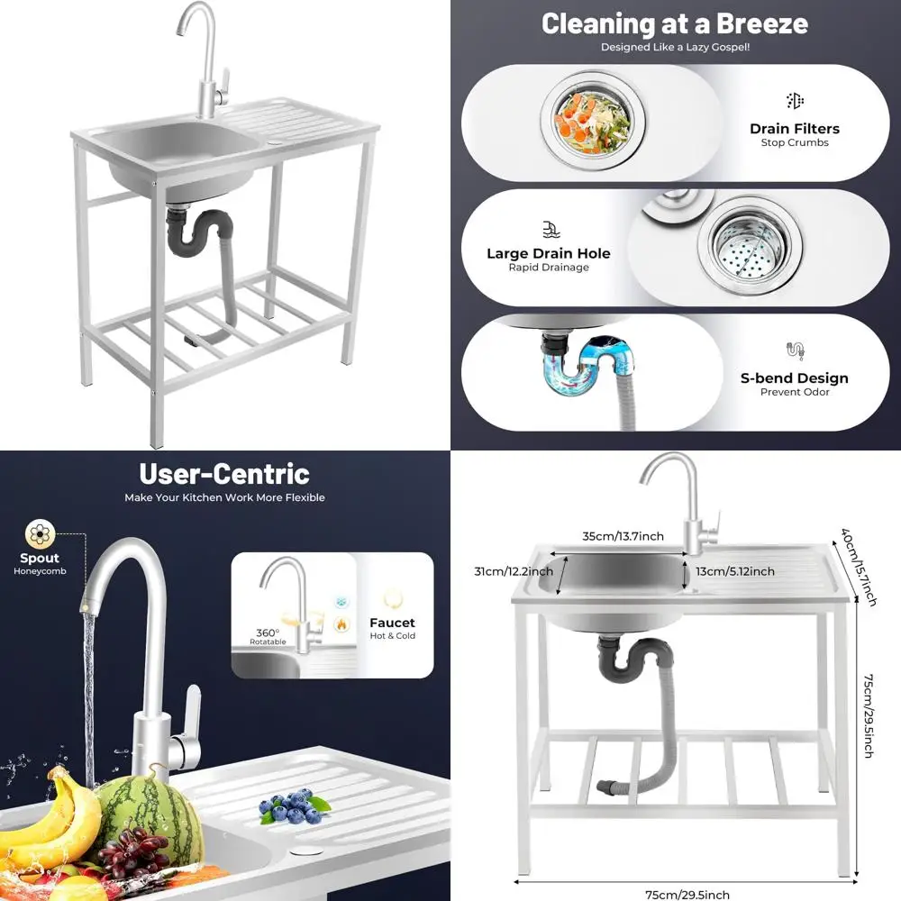 Портативная универсальная раковина из нержавеющей стали с одной чашей, поворотным смесителем на 360 градусов и полкой для хранения для использования на открытом воздухе, стирка
Портативная универсальная раковина из нержавеющей стали с одной чашей, поворотным смесителем на 360 градусов и полкой для хранения для использования на открытом воздухе, стирка