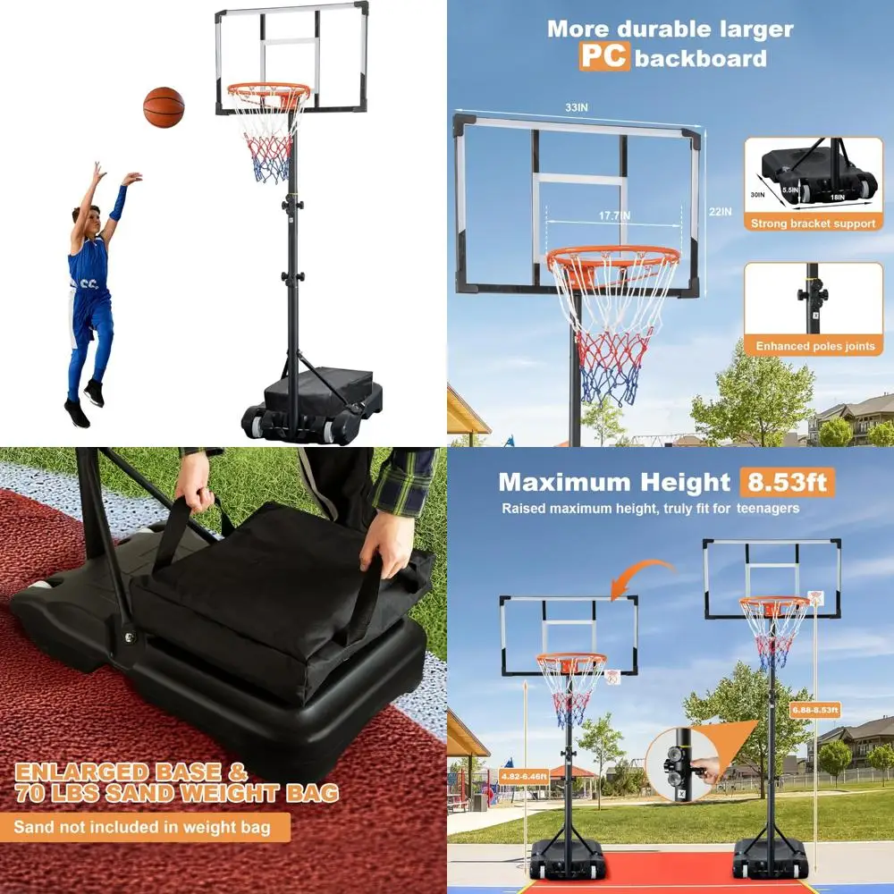 Portable Basketball Hoop with 33 Inch Polycarbonate Backboard, Adjustable Height from 4.82 to 8.53 Feet, Suitable for Outdoor, I
Portable Basketball Hoop with 33 Inch Polycarbonate Backboard, Adjustable Height from 4.82 to 8.53 Feet, Suitable for Outdoor, I