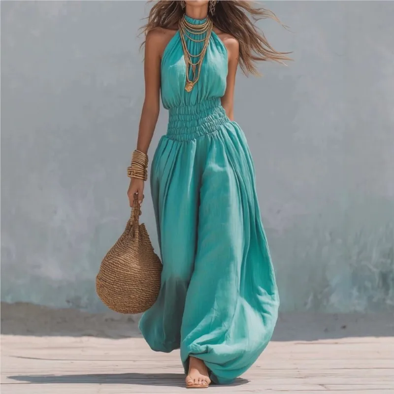 Summer Sexy Halter Sleeveless Pleated Jumpsuit Women Fashion Solid Elastic Waisted Wide Leg Jumpsuit Casual Loose Rompers Street
Summer Sexy Halter Sleeveless Pleated Jumpsuit Women Fashion Solid Elastic Waisted Wide Leg Jumpsuit Casual Loose Rompers Street