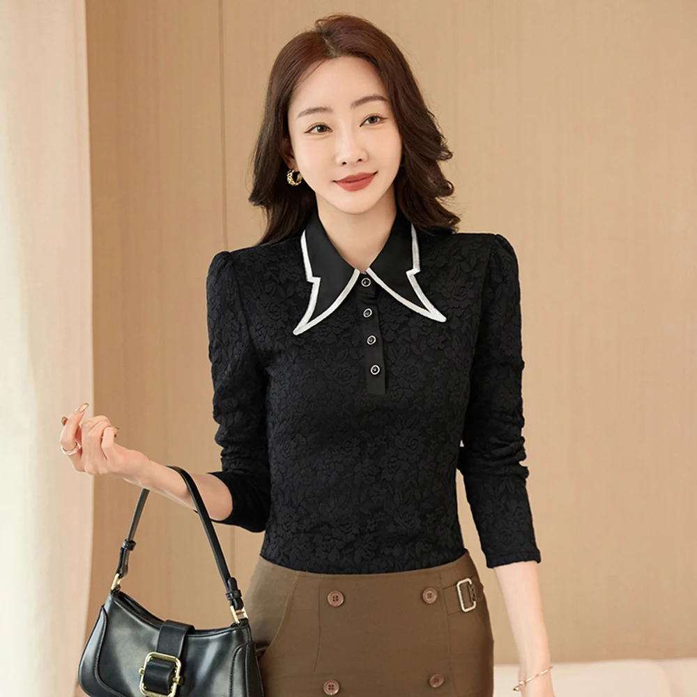 Korean style long sleeved lace shirt for women's autumn and winter new high-end solid color fashionable slim fit casual top
Korean style long sleeved lace shirt for women's autumn and winter new high-end solid color fashionable slim fit casual top