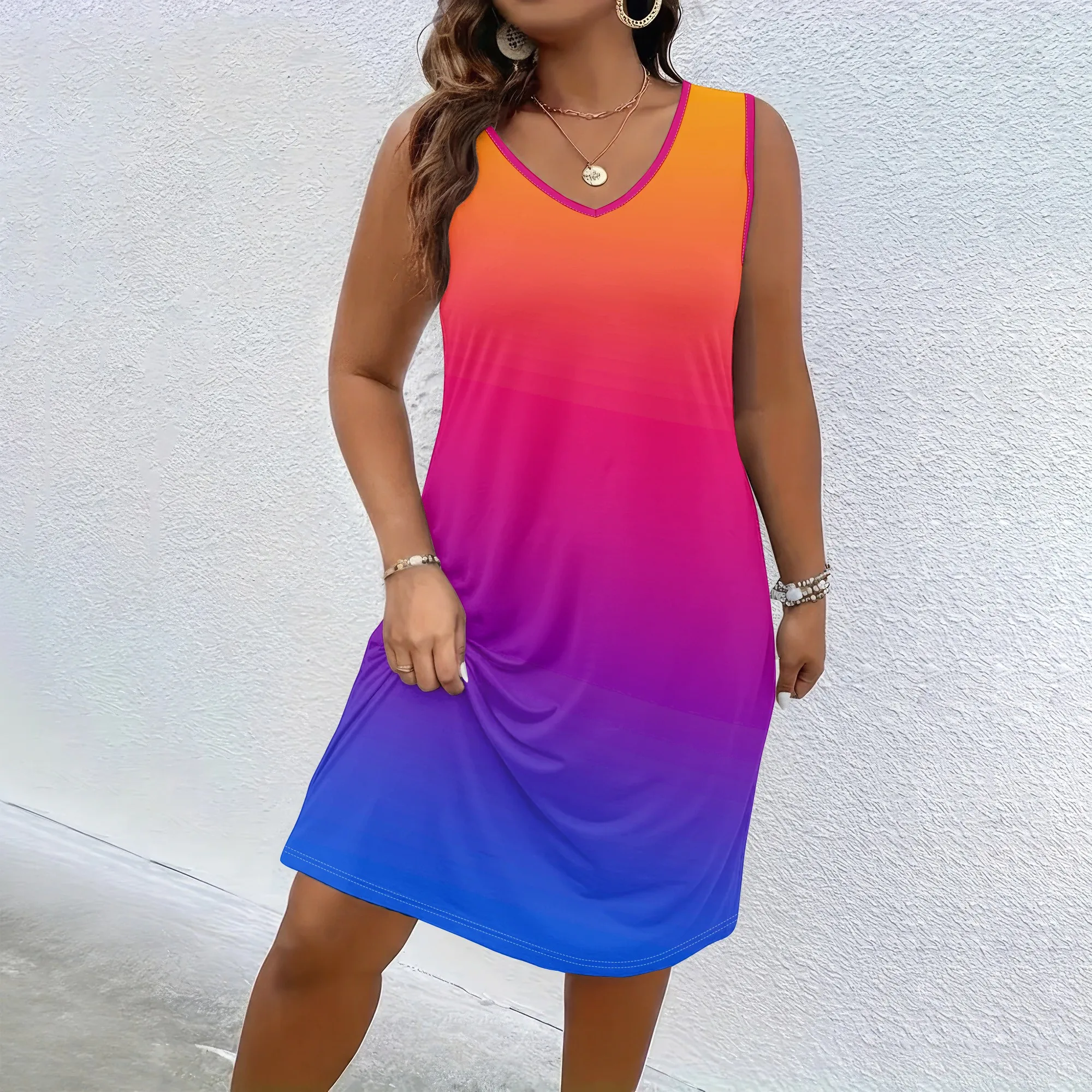 Gradient Sleeveless Dress, V-Neck Sundress, Colorblock Mini Dress, Rainbow Shift Dress, Summer Casual Wear for Women, XL-5XL
Gradient Sleeveless Dress, V-Neck Sundress, Colorblock Mini Dress, Rainbow Shift Dress, Summer Casual Wear for Women, XL-5XL