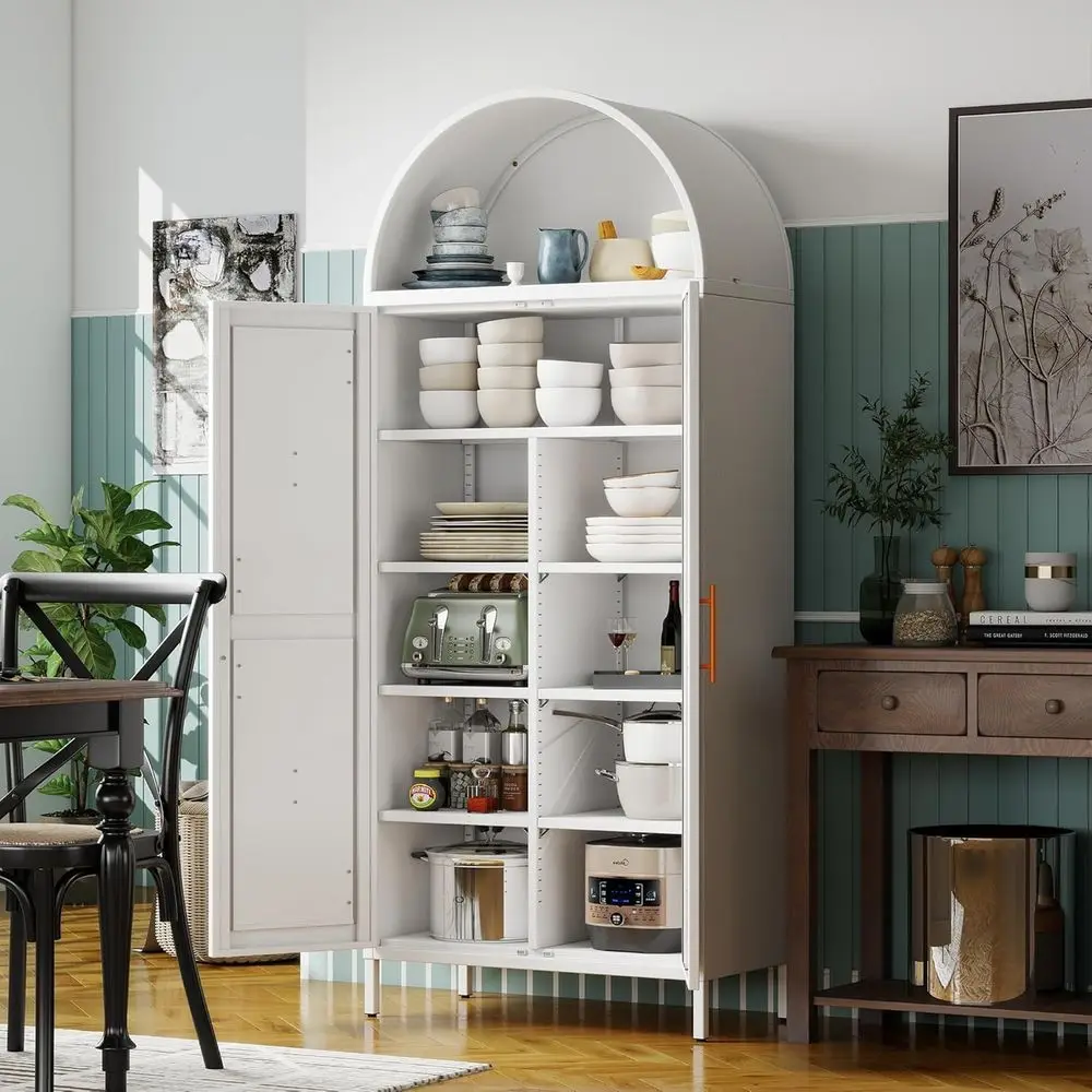 White Metal Arched Pantry Cabinet, Tall 2-Door Storage Cupboard with 6 Adjustable Shelves, Magnetic Closure & Anti-Tip Kit, 15.4
White Metal Arched Pantry Cabinet, Tall 2-Door Storage Cupboard with 6 Adjustable Shelves, Magnetic Closure & Anti-Tip Kit, 15.4
