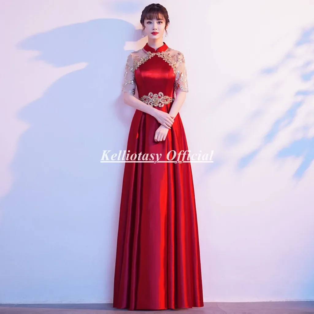 Customized Spring Red Evening Dresses High Collar Chinese Traditional Style Short Sleeve Long Wedding Toast Dress MBYD1202
Customized Spring Red Evening Dresses High Collar Chinese Traditional Style Short Sleeve Long Wedding Toast Dress MBYD1202