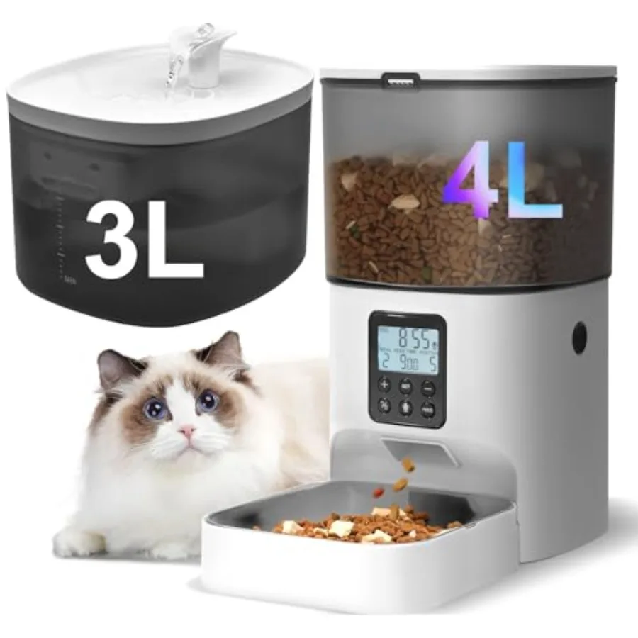 Automatic Cat Feeder 4L with 10s Voice Recorder and 105oz/3L Pet Water Fountain for Cats Durable Plastic White Smart Feeding Sc
Automatic Cat Feeder 4L with 10s Voice Recorder and 105oz/3L Pet Water Fountain for Cats Durable Plastic White Smart Feeding Sc