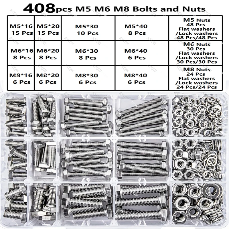 408 шт. M5 M6 M8 Комбинированный комплект болтов и гаек, комплект шайб с шестигранной метрической гайкой из нержавеющей стали 304, полностью резьбовая
408 шт. M5 M6 M8 Комбинированный комплект болтов и гаек, комплект шайб с шестигранной метрической гайкой из нержавеющей стали 304, полностью резьбовая