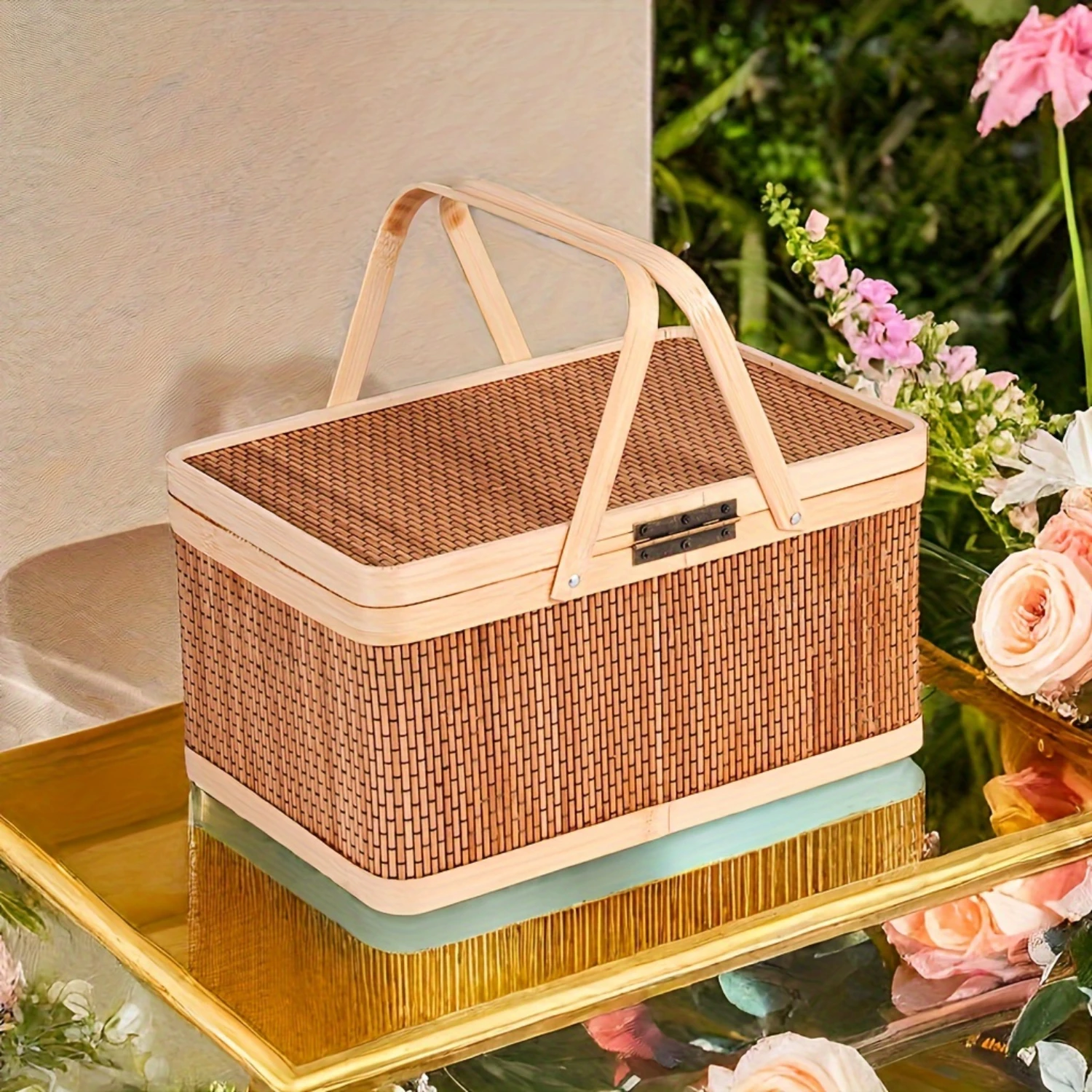 1pc Bamboo Picnic Basket With Lid And Latch, Portable Woven Basket, Gift Packing Basket For Outdoor Gatherings, With Bamboo Car
1pc Bamboo Picnic Basket With Lid And Latch, Portable Woven Basket, Gift Packing Basket For Outdoor Gatherings, With Bamboo Car